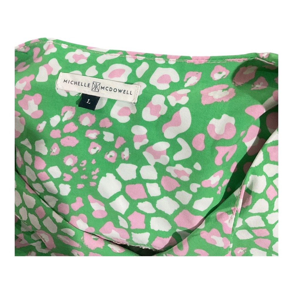 Michelle McDowell Green Pink Leopard Print Tassel Balloon Sleeve Blouse Large - Picture 4 of 5